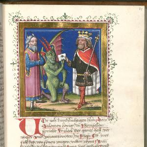 Belial überreicht dem Richter die Klageschrift. München, Bayerische Staatsbibliothek, Cgm 48. Bl. 21r