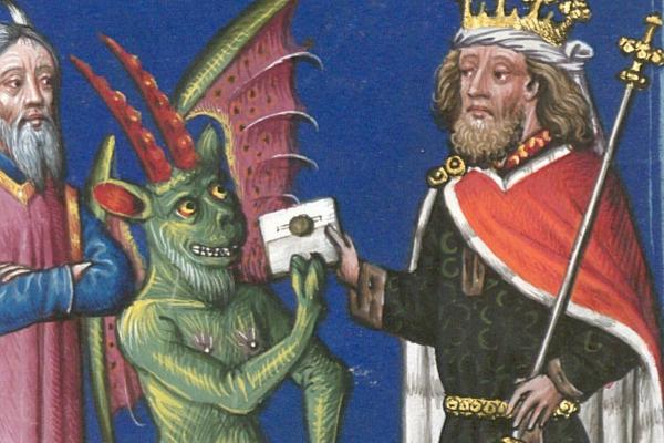 Belial überreicht dem Richter die Klageschrift. München, Bayerische Staatsbibliothek, Cgm 48. Bl. 21r, Ausschnitt