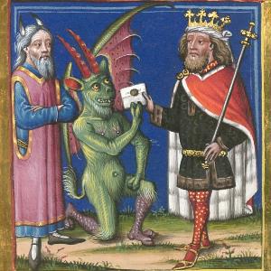 Belial überreicht dem Richter die Klageschrift. München, Bayerische Staatsbibliothek, Cgm 48. Bl. 21r, Ausschnitt
