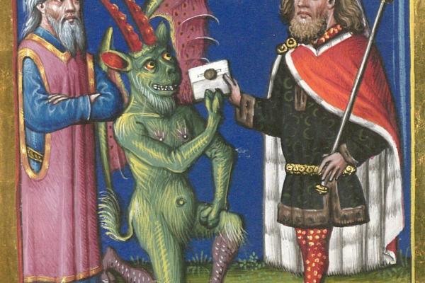 Belial überreicht dem Richter die Klageschrift. München, Bayerische Staatsbibliothek, Cgm 48. Bl. 21r, Ausschnitt