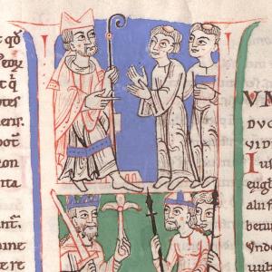 Decretum Gratiani, Initiale H: Papst und Kaiser als Vertreter des kirchlichen und weltlichen Rechts. München, Bayerische Staatsbibliothek, Clm 17161, Bl. 6r (Ausschnitt).