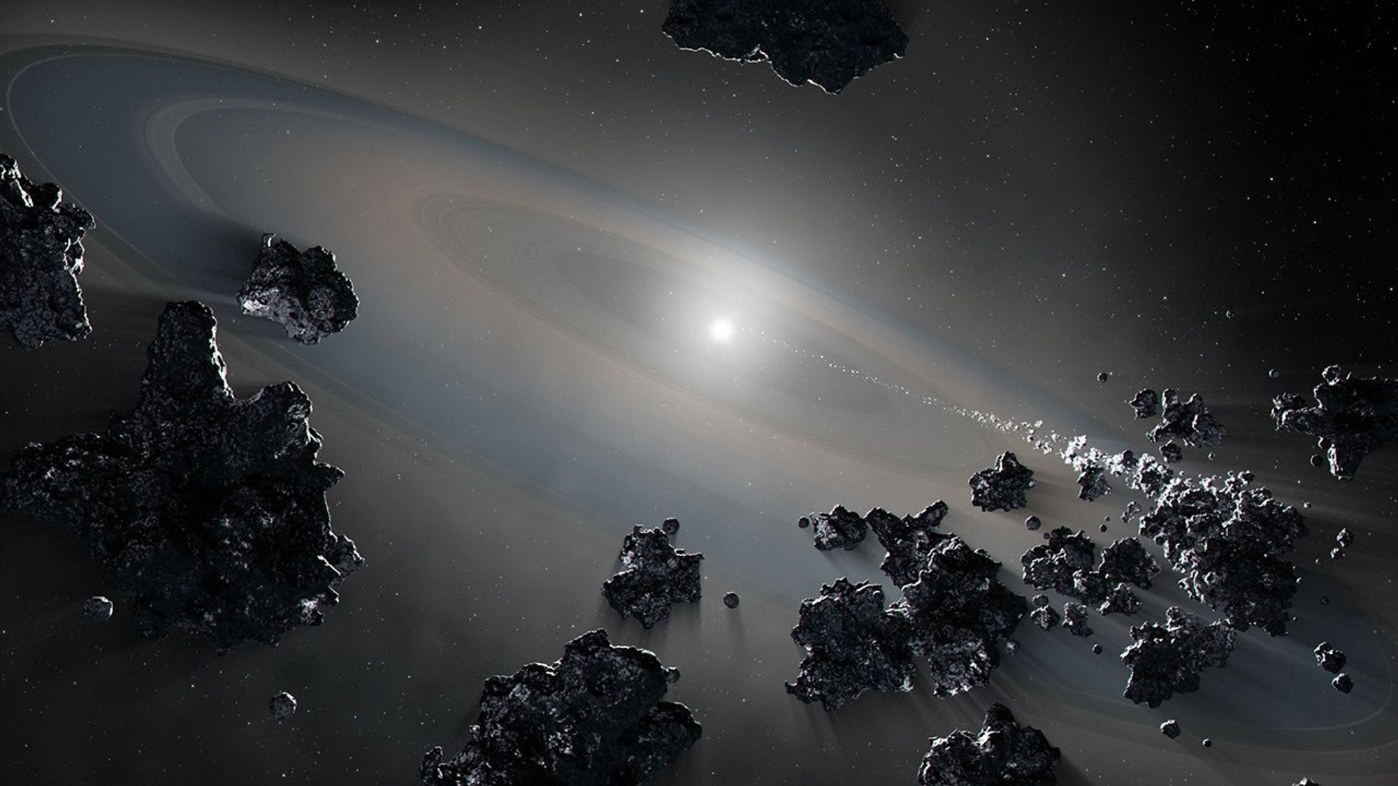 This illustration shows a white dwarf star siphoning off debris from shattered objects in a planetary system. The Hubble Space Telescope detects the spectral signature of the vaporized debris that revealed a combination of rocky-metallic and icy material, the ingredients of planets. The findings help describe the violent nature of evolved planetary systems and the composition of its disintegrating bodies.