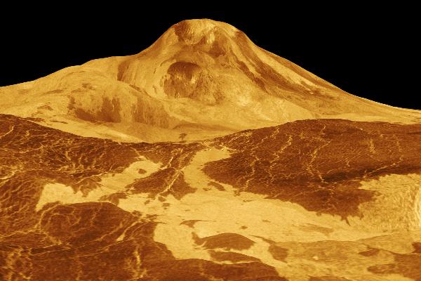 The 8-km-high volcano Maat Mons is the second-highest mountain and highest volcano of Venus. Lava flows extend for hundreds of kilometres across the fractured plains shown in the foreground, to the base of Maat Mons. This side-on view is reconstructed from radar data collected by NASA´s Magellan mission.