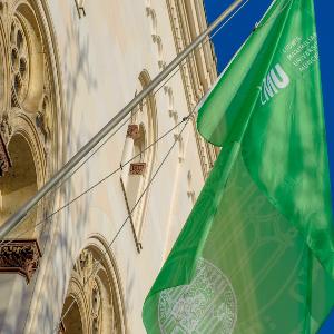 Green flag with the LMU logo in front of a building
