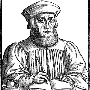 Historisches Gemälde von Johannes Aventinus wie er Notitzen in ein Buch schreibt
