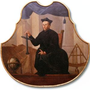 Historiches Wandornament von ChristophScheiner, wie er ein Kreuz hält