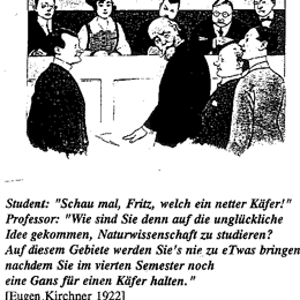 Eine Karikatur, auf der eine Frau abgebildet ist, die von Männern in einem Vorlesesaal umringt ist.