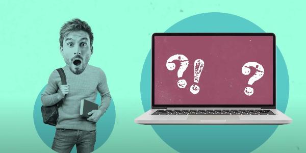 Grafik eines Studenten und eines Laptops mit Frage- und Ausrufezeichen darauf