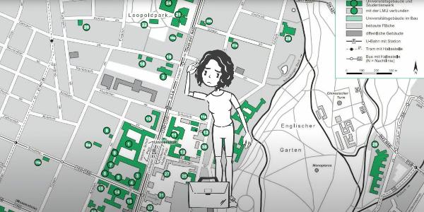 Grafik eines Stadtplans mit den markierten Servicestellen für Studierende der LMU