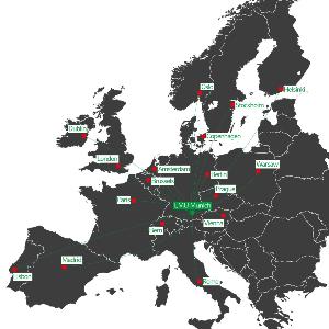 Eine Karte von Europa, auf der alle Hauptstädte farblich markiert sind