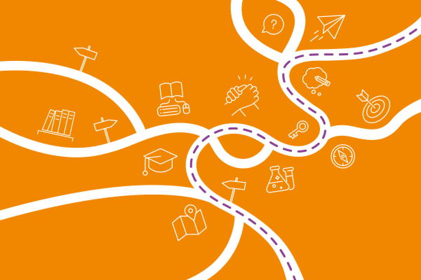 Orange key visual with white images symbolizing study and research | © LMU Orange key visual with white images symbolizing study and research