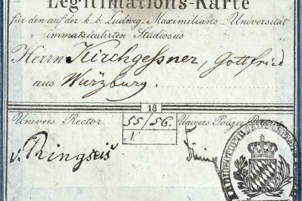 Zu sehen ist die Legitimationskarte des Studenten Gottfried Kirchgeßner für das Wintersemester 1855/56