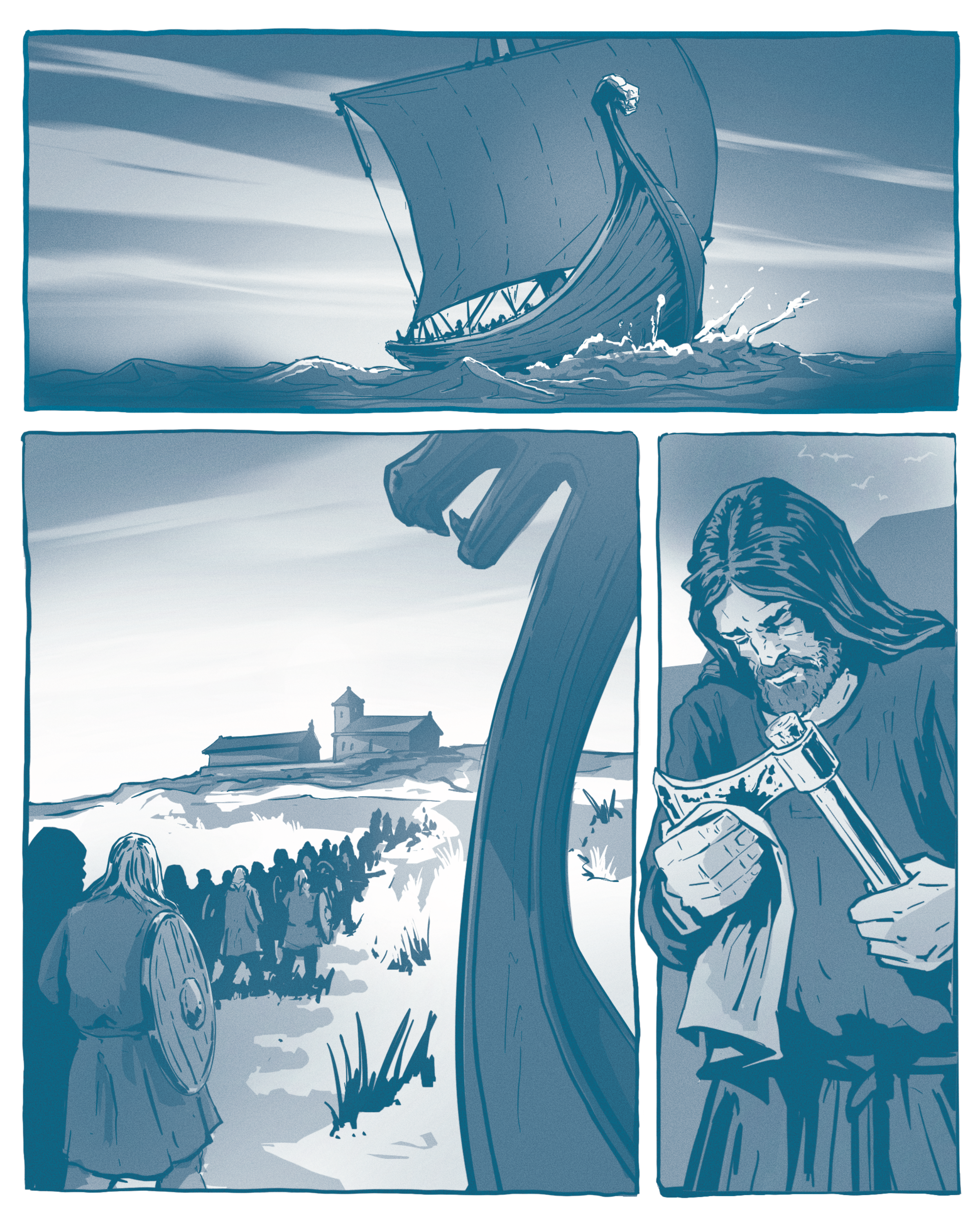 Eine comicartige Illustration des Überfalls auf das Kloster Lindisfarne.