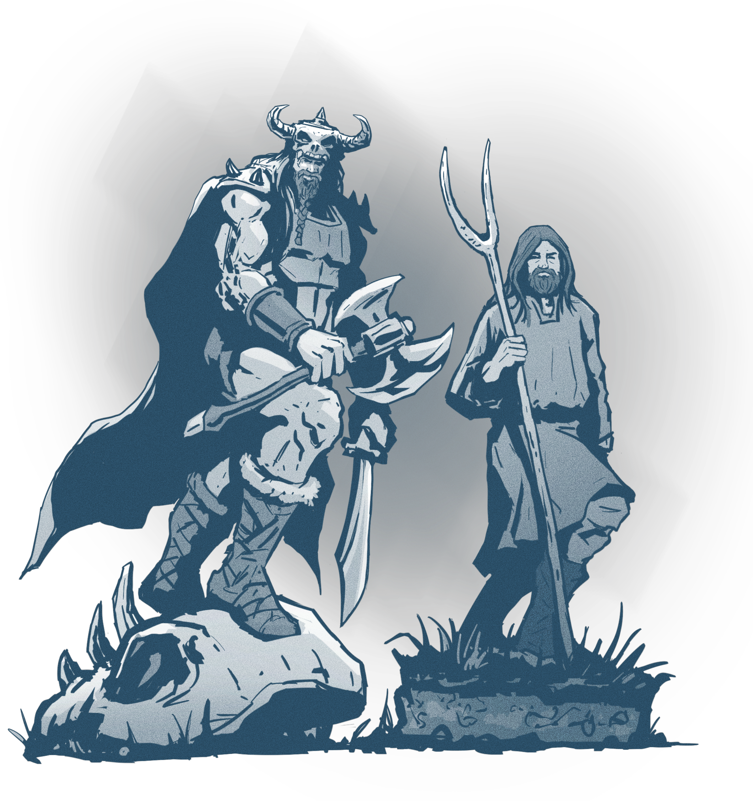 Eine Illustration in der Fantasy-Wikinger mit dem bäuerlichen, historischen Wikingerbild gegenübergestellt wird.