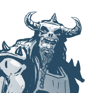 Eine überspitzte Illustration eines muskelbepackten Fantasy-Wikingers mit Hörnerhelm, Pelzmantel und großen Waffen.