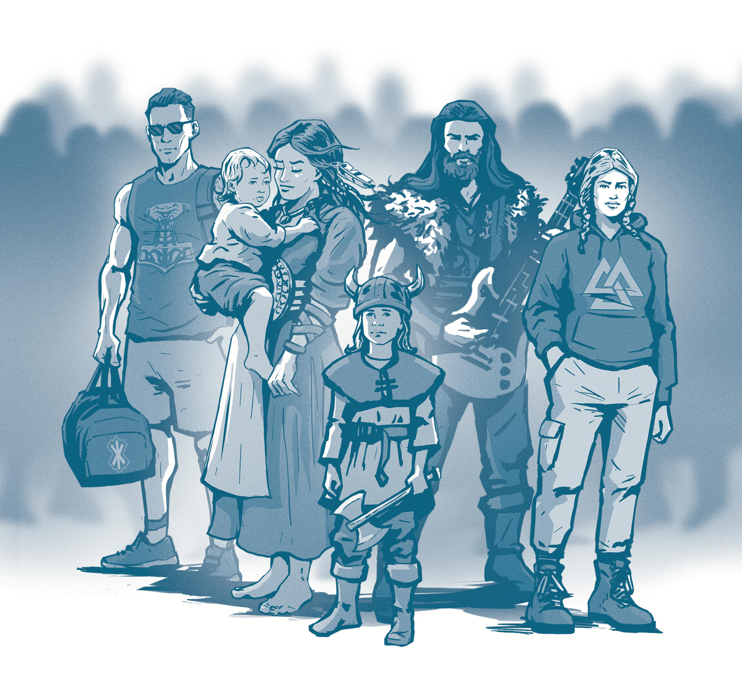 Illustration einer Reihe von unterschiedlichen Menschen, die sich Wikingersymbolik zueigen machen. Ein Sportler mit Runensymbolen auf der Kleidung, eine Neuheidin, ein Heavy Metal Musiker und eine Kinderfigur im Wikingerkostüm.