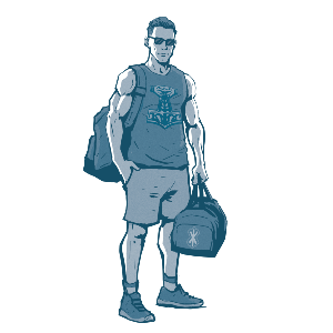 Illustration eines Sportlers, der einen Thorshammer auf seinem Shirt hat und ein Runensymbol auf seiner Tasche.