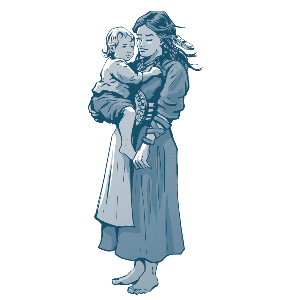 Illustration einer alternativ gekleideten Neuheidin mit Federn im Haar und einem Baby im Arm.