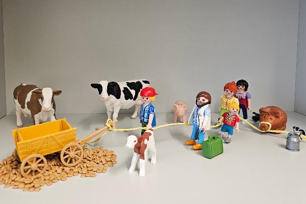 Miniaturszene mit Playmobilfiguren und Bauernhoftieren in Michael Iwersens Regal: Tierärztin mit Koffer, Landwirt, Kinder und Nutztiere wie Kühe, Schwein und Kalb stehen neben einem gelben Wagen mit Futter – Darstellung landwirtschaftlicher Arbeit und Tiermedizin.