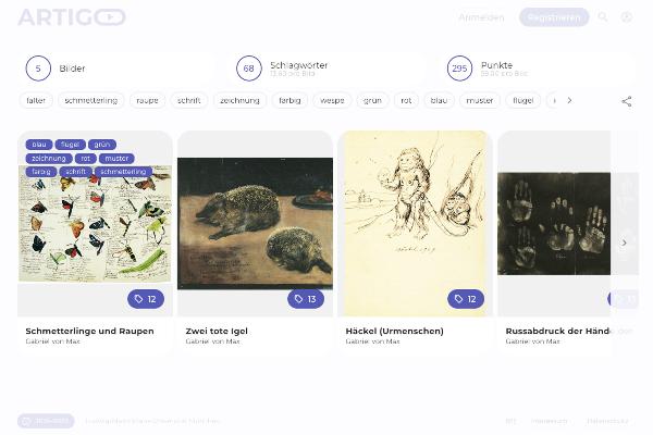 Die Schlagwortseite auf der Artigo-Website. Zu sehen sind Bilder von Gabriel von Max: Schmetterlinge und Raupen, zwei tote Igel, Häckel-Urmenschen und ein Ruß-Abdruck von Händen.