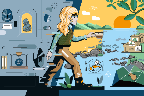Illustration: Alina Berg tritt vom Museum in die Flusslandschaft in Aotearoa Neuseeland
