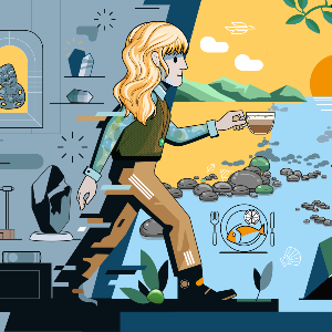 Illustration: Alina Berg tritt vom Museum in die Flusslandschaft in Aotearoa Neuseeland