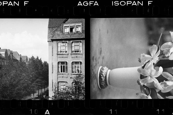 Negativstreifen mit einem hohen Haus (links) und einem Blumenstrauß in einer Vase (rechts)