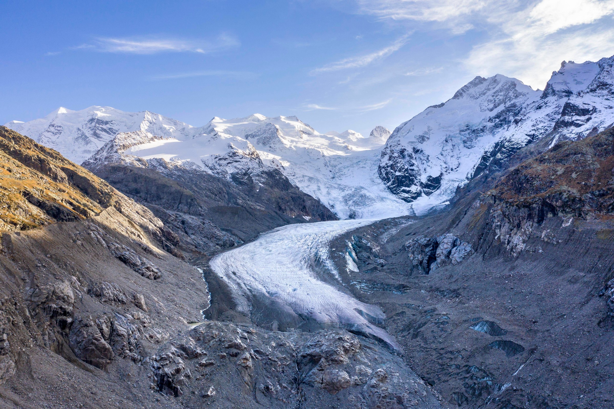 Morteratsch Glacier, Bernina Range with Piz Bernina, Bernina, Engadin, Canton of Graubünden, Switzerland