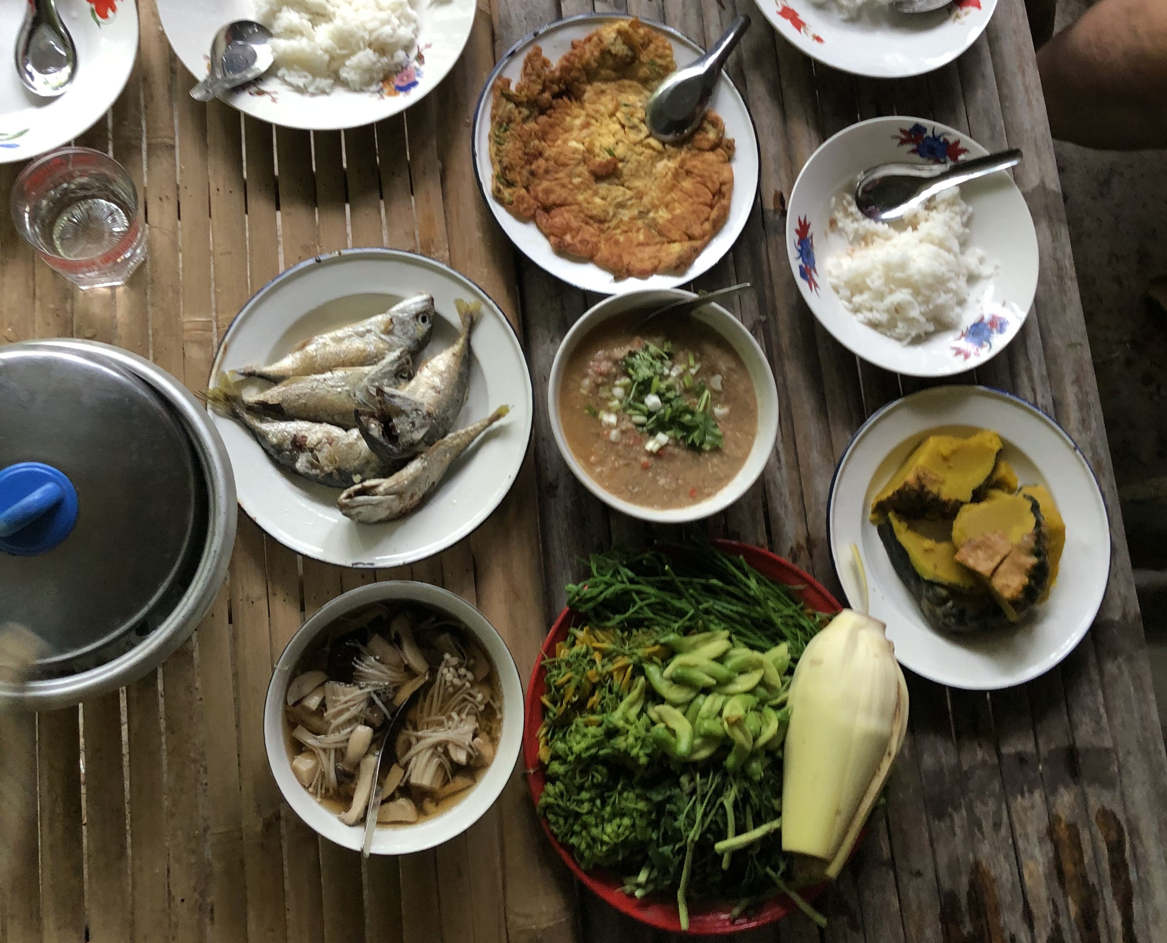 Verschiedene thailändische Gerichte, frisch zubereitet auf einer Farm