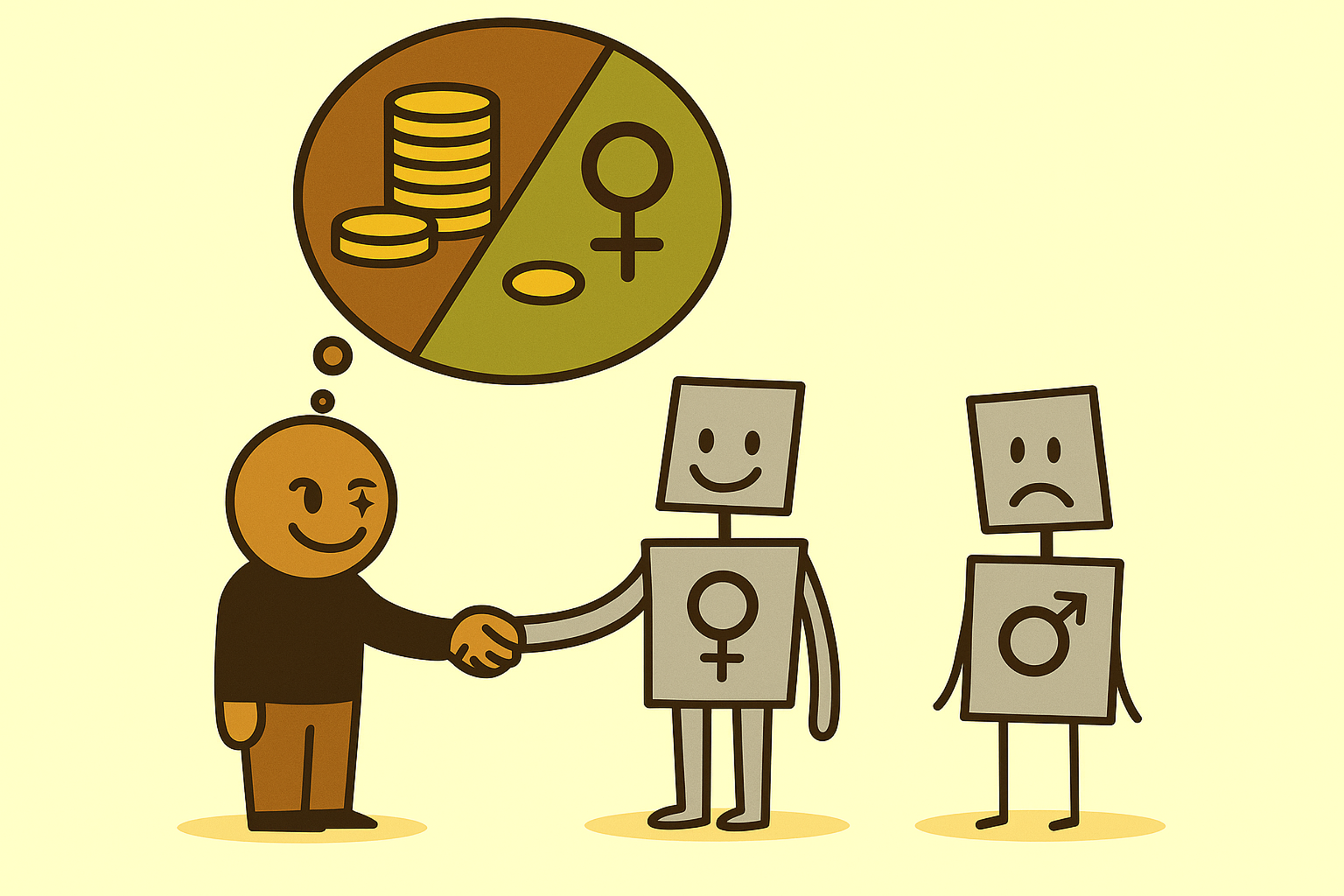 Illustrative Darstellung der Interaktion zwischen Menschen und männlichen bzw. weiblichen KI-Agents