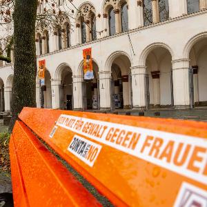 Orange flags hang from the main building of LMU University in support of the UN campaign ‘Orange the World – End Violence Against Women’