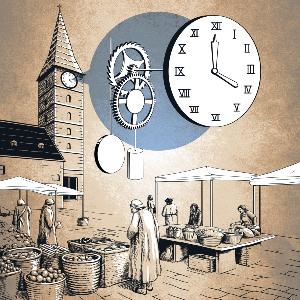 Illustration: Ein Marktplatz mit einer Kirchturmuhr