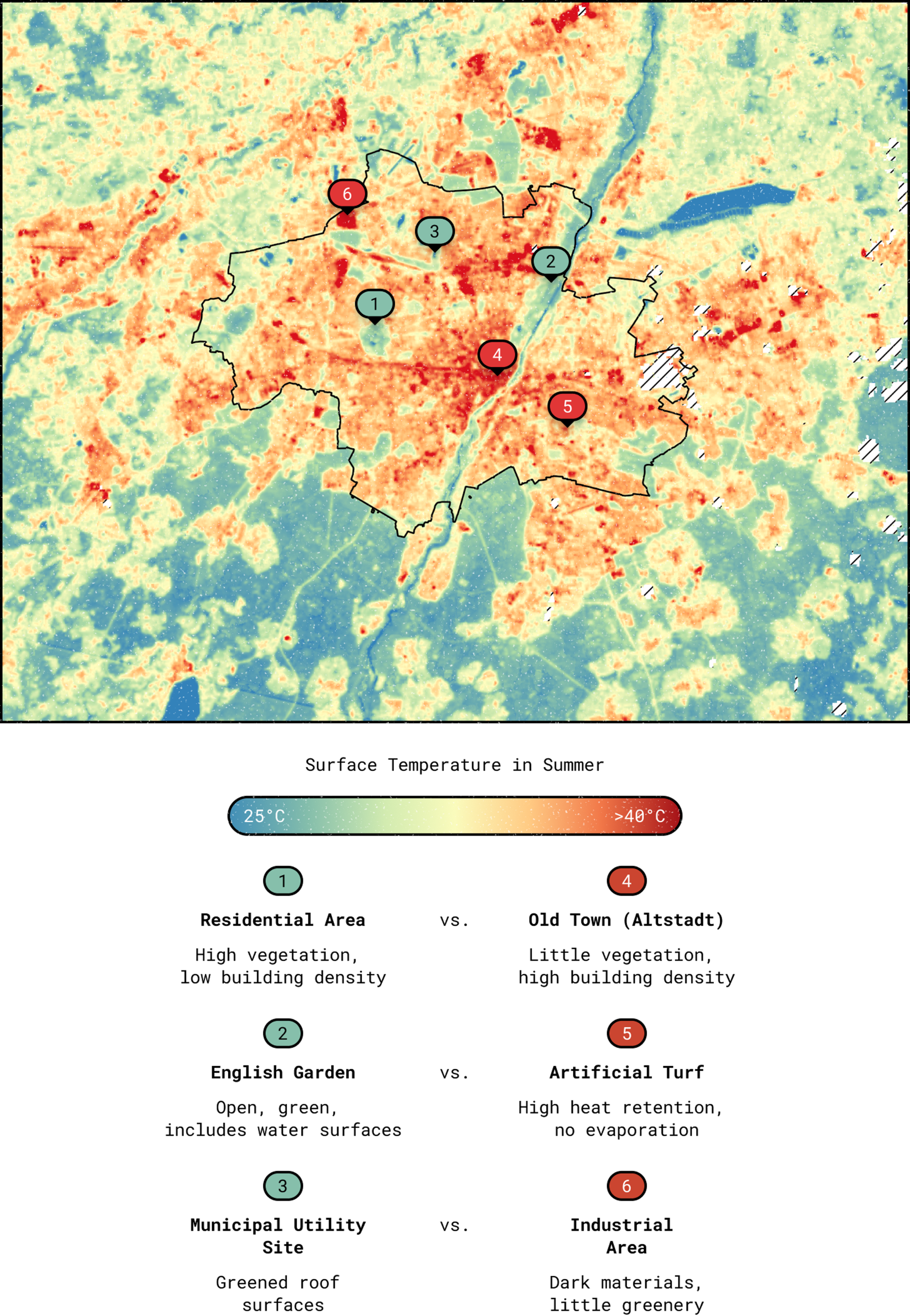 Map of surface temperatures in and around Munich