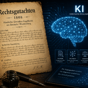 Rechtshistorisches Dokument und KI-Symbole (KI-generiert)