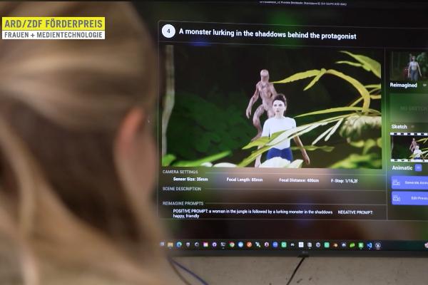 Paulina Leininger betrachtet KI-generierte 3D-Szene mit Monster im Dschungel auf Bildschirm, Medientechnologie Interface mit Bearbeitungsoptionen.