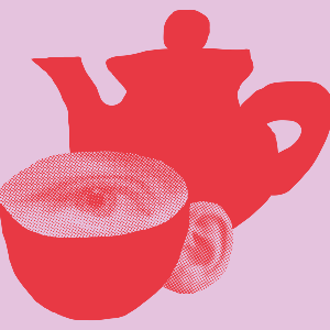 Teekanne und Tasse mit Auge und Ohr