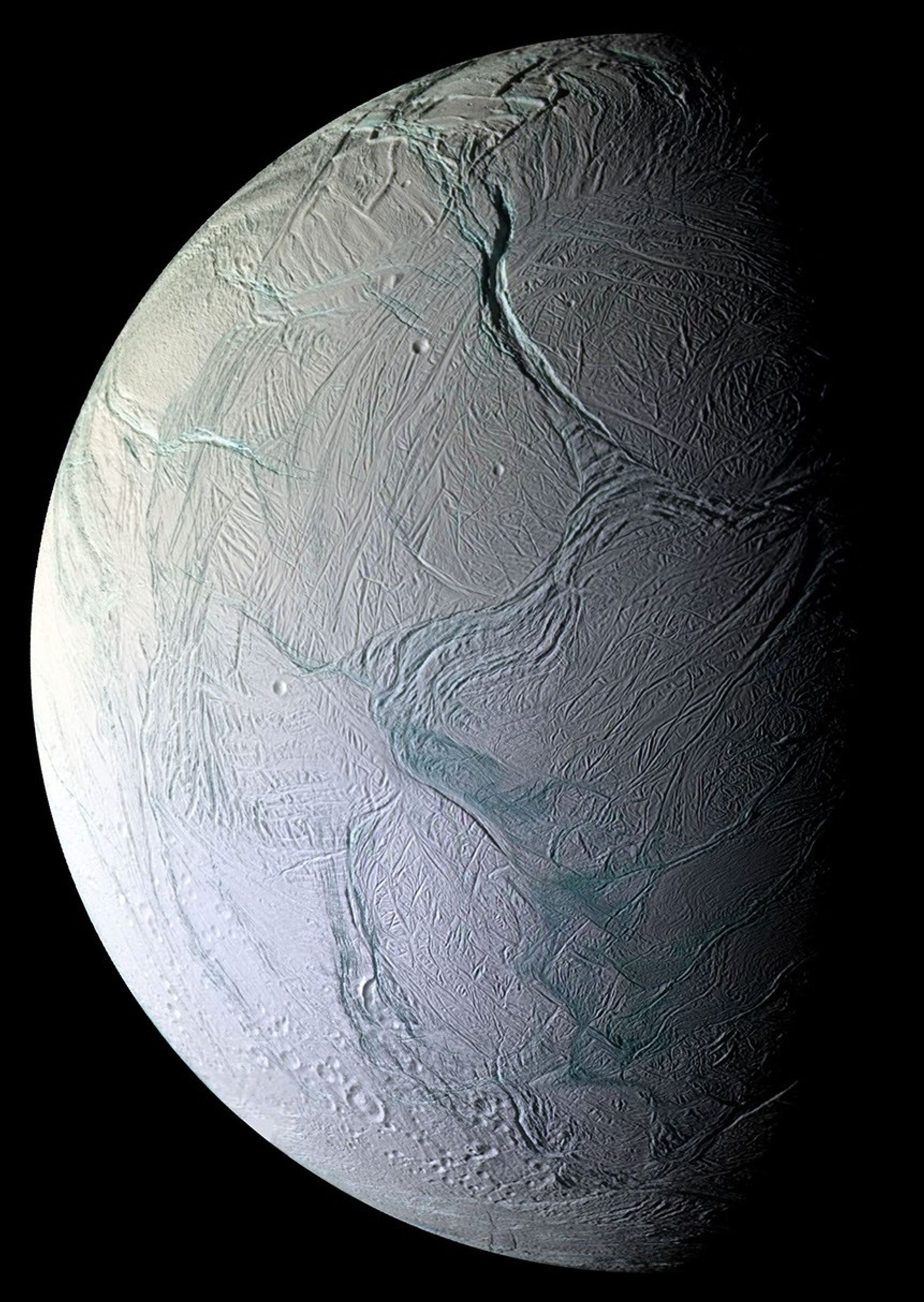 This mosaic of Saturn´s moon Enceladus was created with images captured by NASA´s Cassini spacecraft on Oct. 9, 2008, after the spacecraft came within about 16 miles (25 kilometers) of the surface of Enceladus.