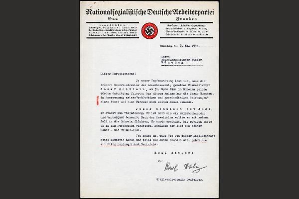 Historical Nazi Party (NSDAP) letter from the Franconia regional office dated May 2, 1934, addressed to Munich Mayor Karl Fiehler. The typewritten document on official Nazi Party letterhead calls for reviewing the honoring of Jewish entrepreneur Josef Schülein through street and square names and contains antisemitic propaganda. Featuring the party emblem, signature, and handwritten markings, the archival document illustrates the ideological influence of the Nazi regime on Munich´s municipal policies.