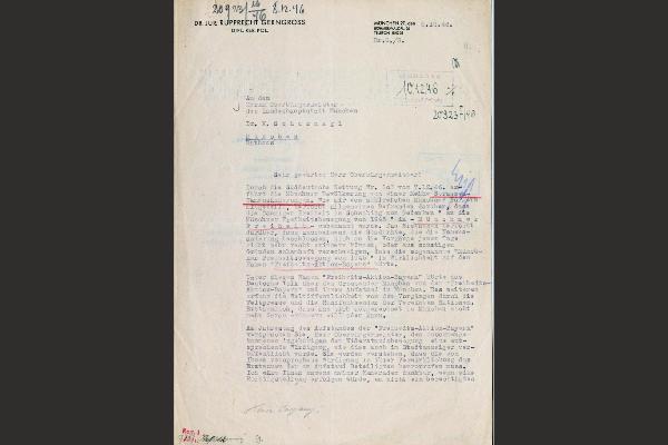 Historical letter from Munich lawyer Dr. Rupprecht Gerngross dated December 8, 1946, addressed to Mayor Karl Scharnagl regarding the naming of Münchner Freiheit. The typewritten document criticizes the public explanation of the street renaming and argues that the name commemorates the Freedom Action Bavaria. The aged archival letter includes handwritten annotations, official registry stamps, and administrative notes, documenting debates about public memory and urban history in post-war Munich.