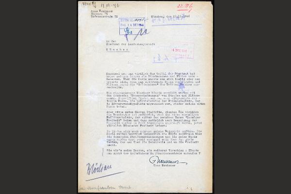 Historical citizen´s letter from Munich dated December 12, 1946, addressed to the Munich City Council concerning the renaming of streets and public squares after the end of the Nazi regime. The typewritten document discusses restoring historic street names and comments on the naming of Münchner Freiheit. The aged archival record contains handwritten annotations, official registry stamps, and administrative markings, illustrating public debate about urban history and remembrance in post-war Munich.