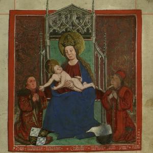 Darstellung von Herzog Ludwig dem Reichen von Bayern-Landshut (reg. 1450-1479), links auf dem Stifterblatt im Matrikelbuch der Ludwig-Maximilians-Universität von 1472.