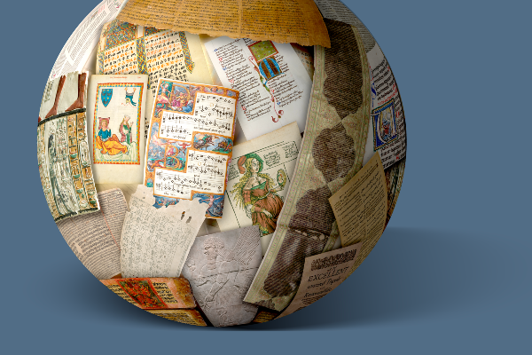 Globus aus Schriftstücken und Illustrationen.