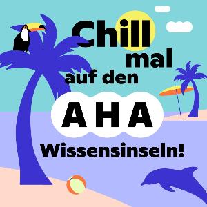 Inselszene mit Palmen, Sonnenschirm und Kakadu vor einem türkisfarbenen Hintergrund.
