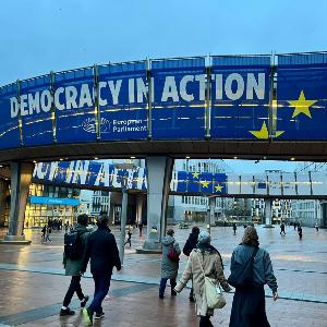 Besucherinnen und Besucher auf dem Weg zum Europäischen Parlament