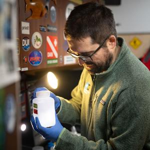 Gonzalo Gomez-Saez examines the samples on board the expedition ship.