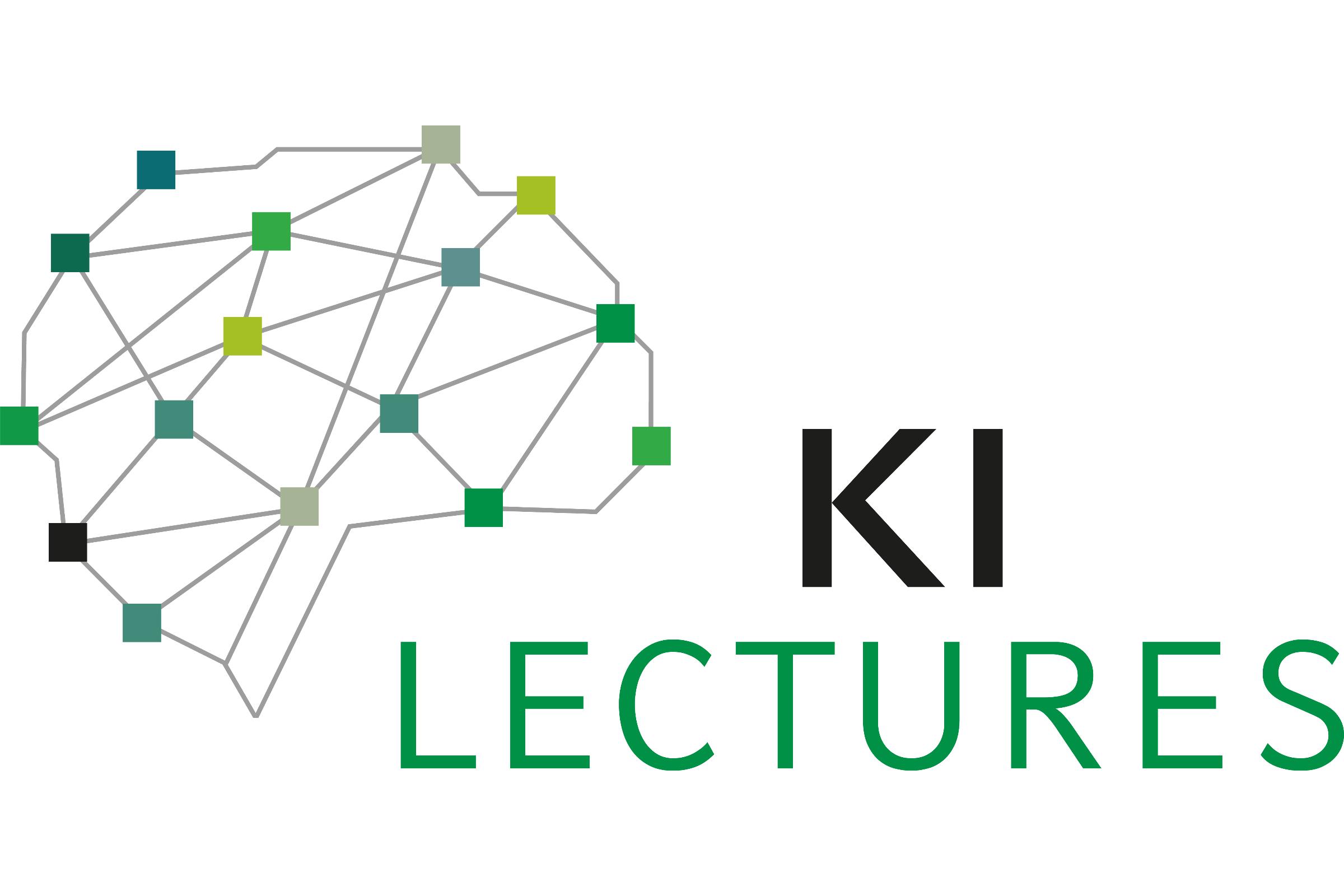 Logo der KI Lectures. Neben dem Schriftzug "KI Lectures" sind kleinere Quadrate in unterschiedlichen Farben zu sehen, die alle miteinander durch Linien verbunden sind und so ein Netz bilden.