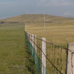 The trans-Mongolian railroad line is completely fenced in. The vegetation inside and outside the fence is very different.