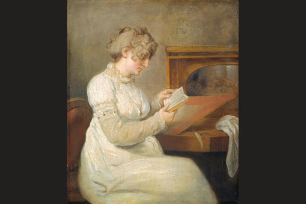 Engel Christine Westphalen sitzt an einem Tisch und liest ein Buch, Gemälde von Johann Heinrich Wilhelm Tischbein