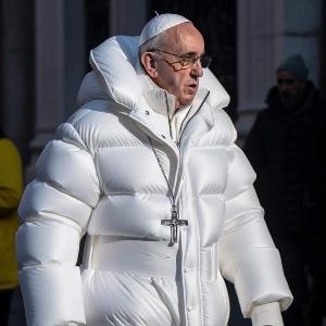 KI-generiertes Bild von Papst Franziskus in einer weißen Designer-Daunenjacke