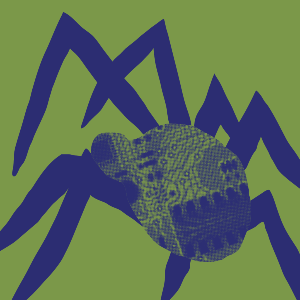 Blaue Spinne auf grünem Hintergrund.